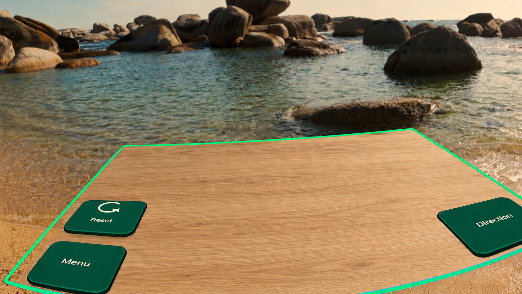 Illustrative TableAway beach view with an anonymous rectangular tabletop and Menu, Reset and Direction controls.