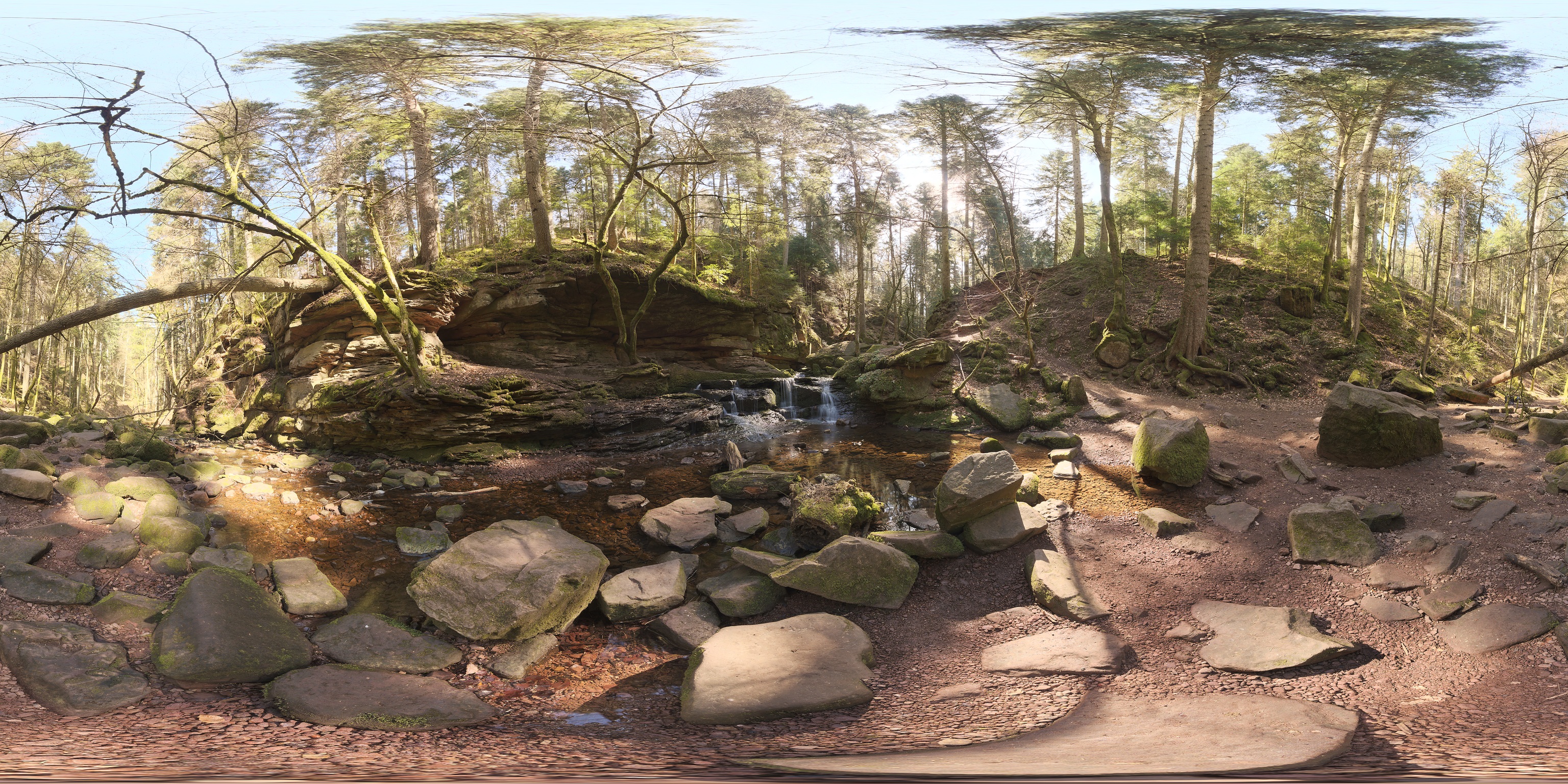 Panoramic photograph of a forest stream with mossy rocks and wooded banks.